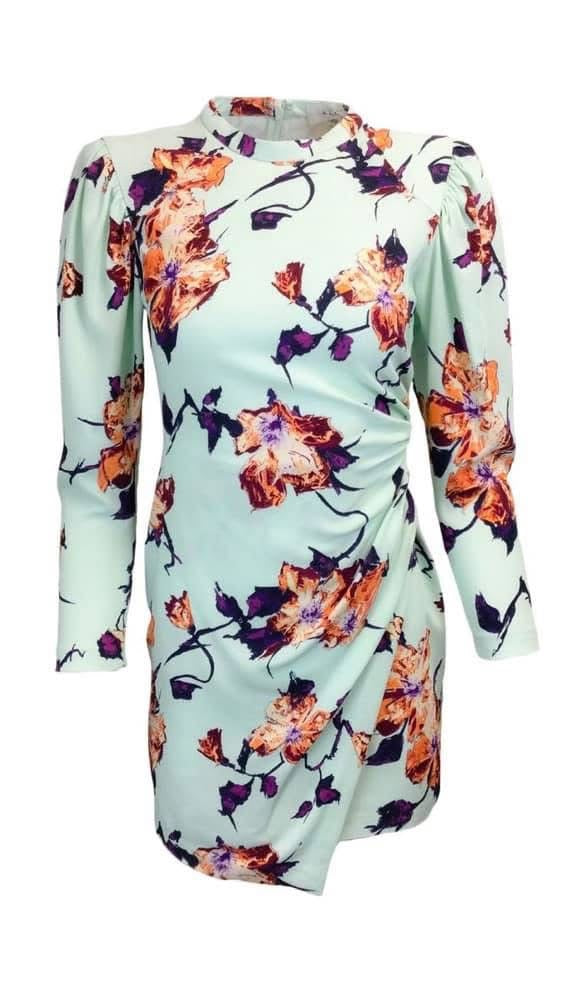 A.L.C. Jane Floral Crepe Puff-Sleeve Dress — Mint/Orange