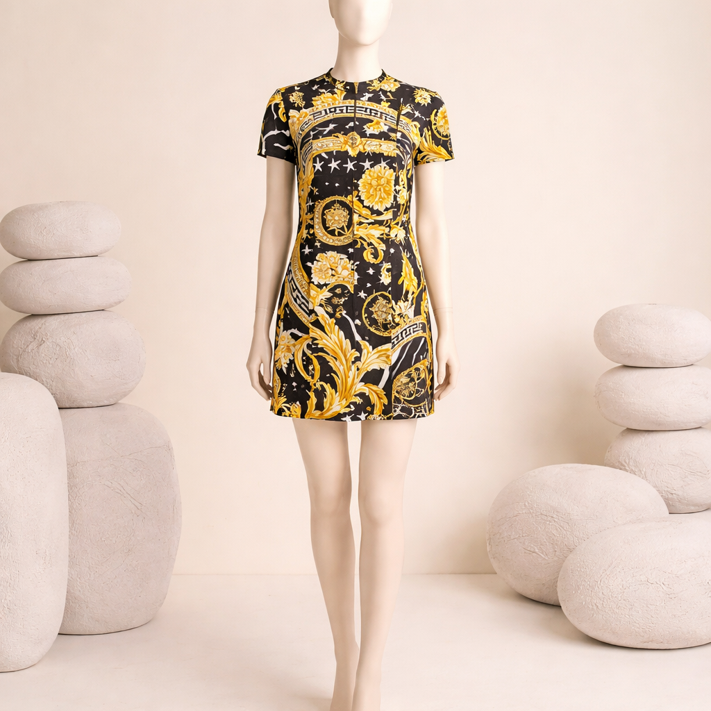 Versace Gold & Black Baroque Print Medusa Head Dress — Size 4