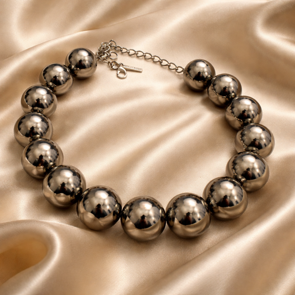 Oscar de la Renta Large Metallic Dark Gunmetal Beaded Statement Necklace