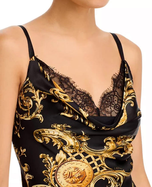 L'AGENCE Venice Lace Cowl Neck Silk Gown — Gold Baroque Print