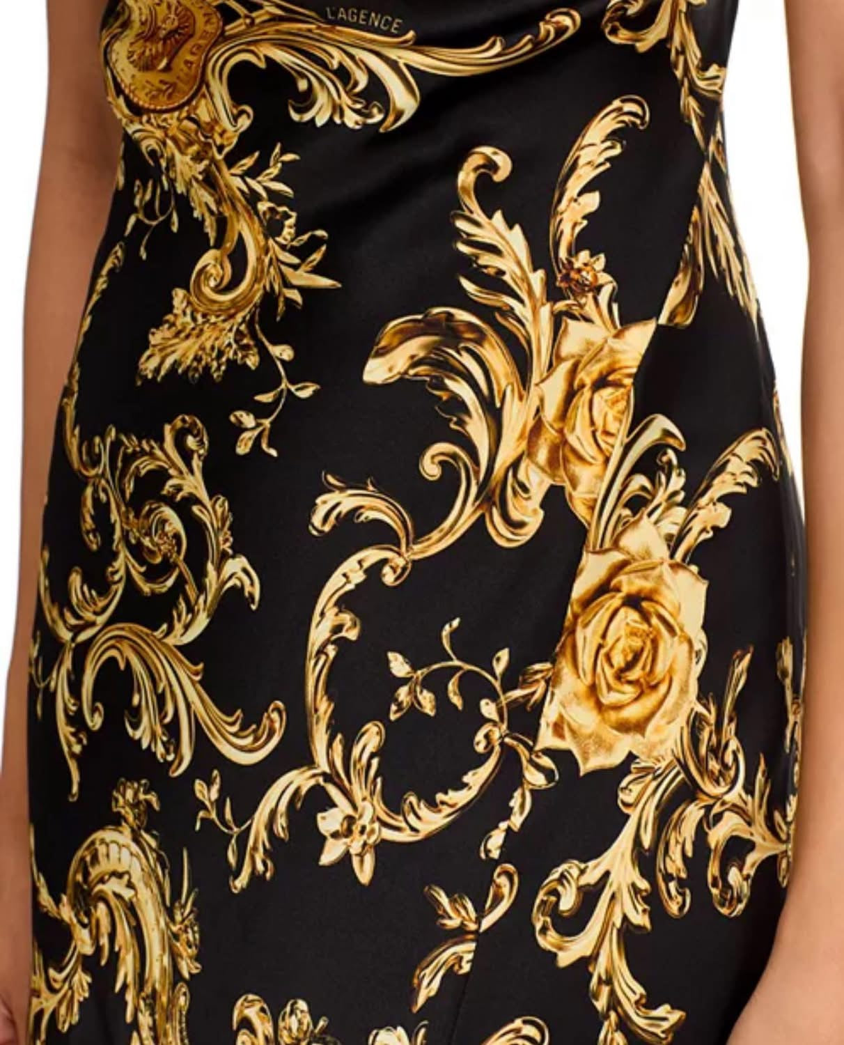 L'AGENCE Venice Lace Cowl Neck Silk Gown — Gold Baroque Print