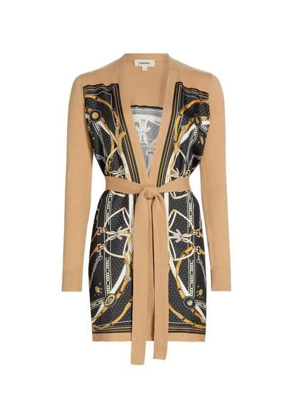 L'Agence Beverly Silk-Panel Cardigan — Black/Camel