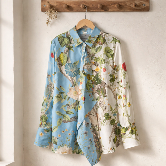 Monse Floral Skeleton Print Cascading Splice Silk Blouse — Blue & Ivory Multi