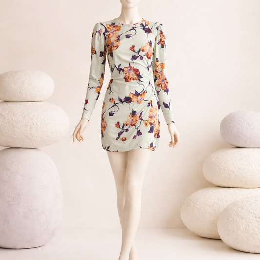 A.L.C. Jane Floral Crepe Puff-Sleeve Dress — Mint/Orange